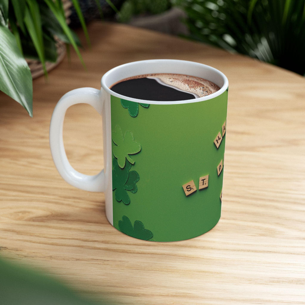 Happy St Patrick Day Mug | Scrabble Tiles, Green Shamrock Background