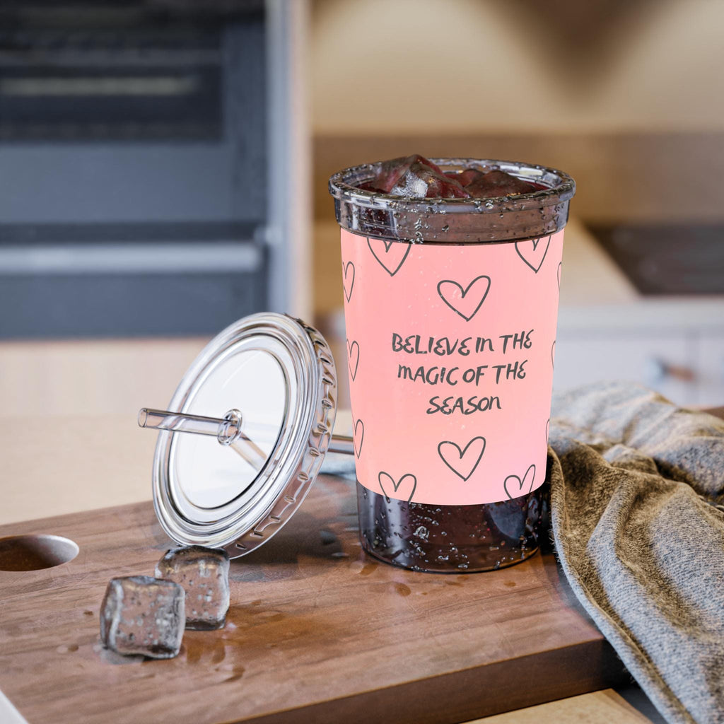 Believe in the Magic of the Season acrylic cup | heart pattern, pink tumbler