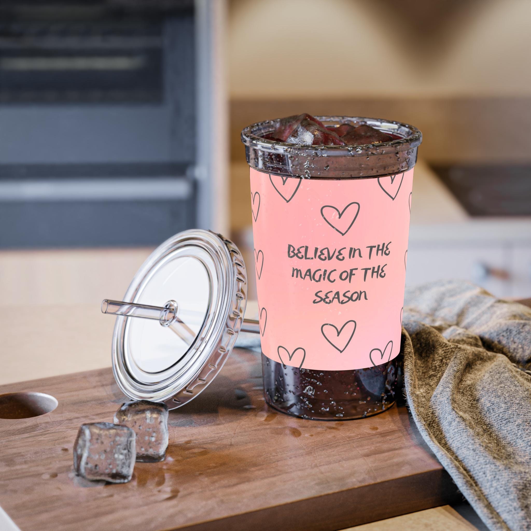 Believe in the Magic of the Season acrylic cup | heart pattern, pink tumbler