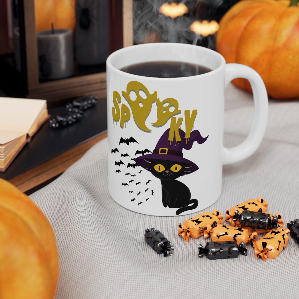 Spooky Cat Ceramic Mug: Halloween Coffee Cup, Gift for Cat Lovers