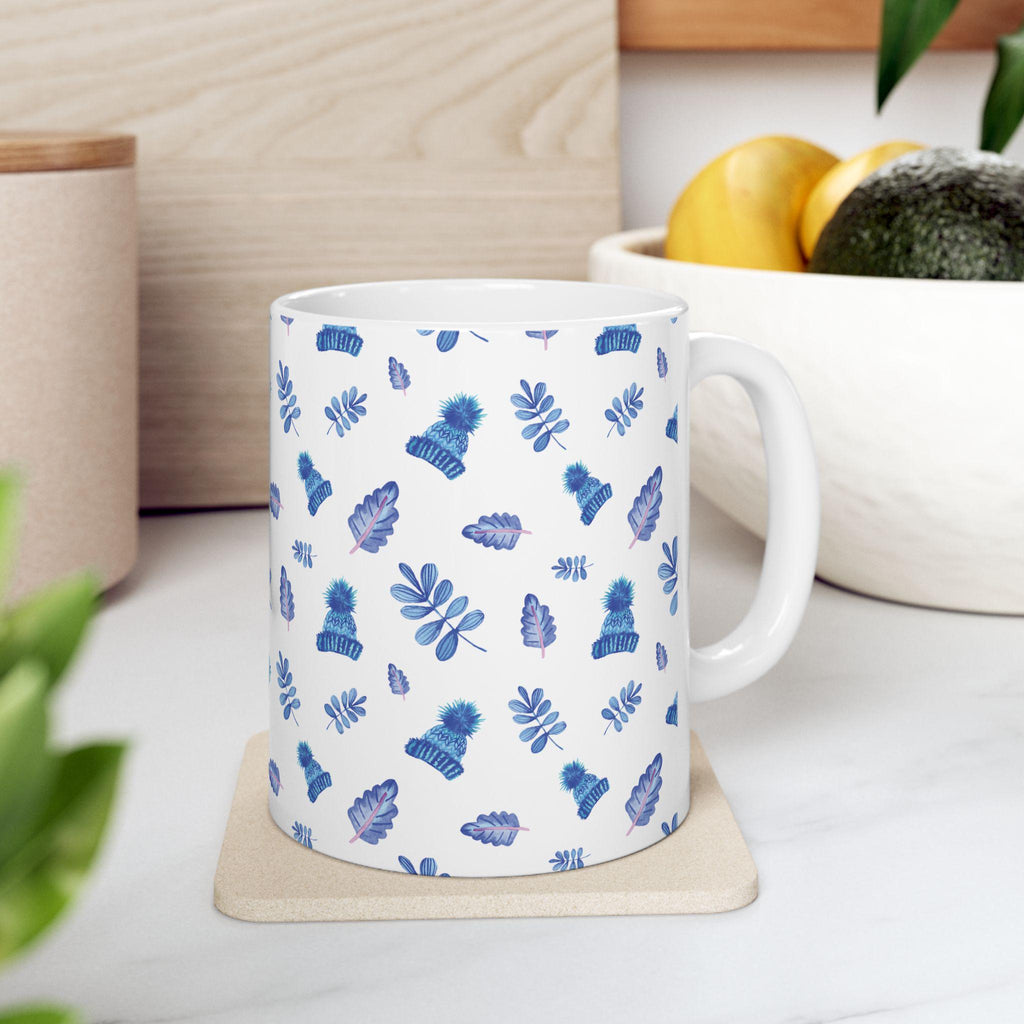 Blue Watercolor Leaves Pattern Mug | Ceramic Coffee Cup