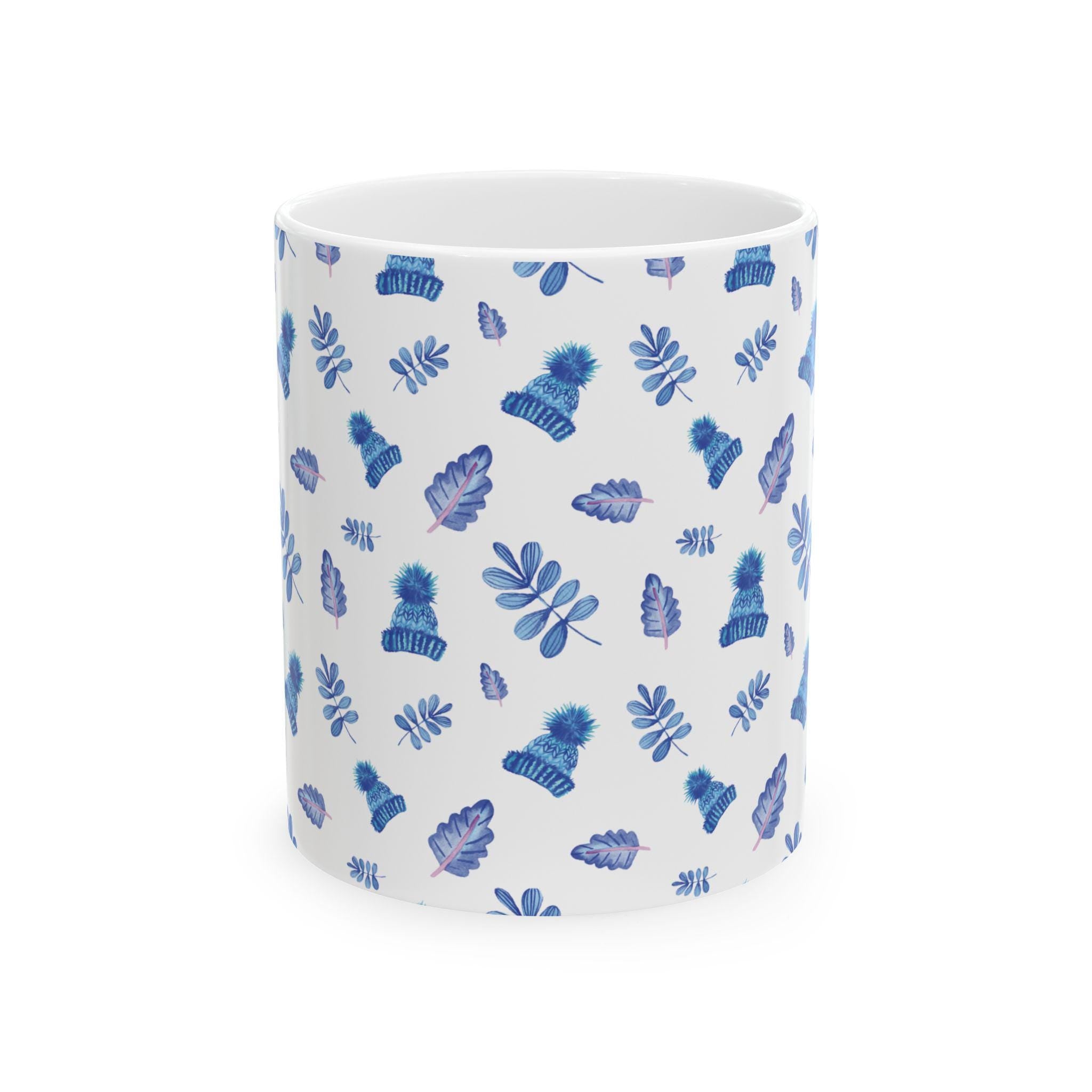 Blue Watercolor Leaves Pattern Mug | Ceramic Coffee Cup