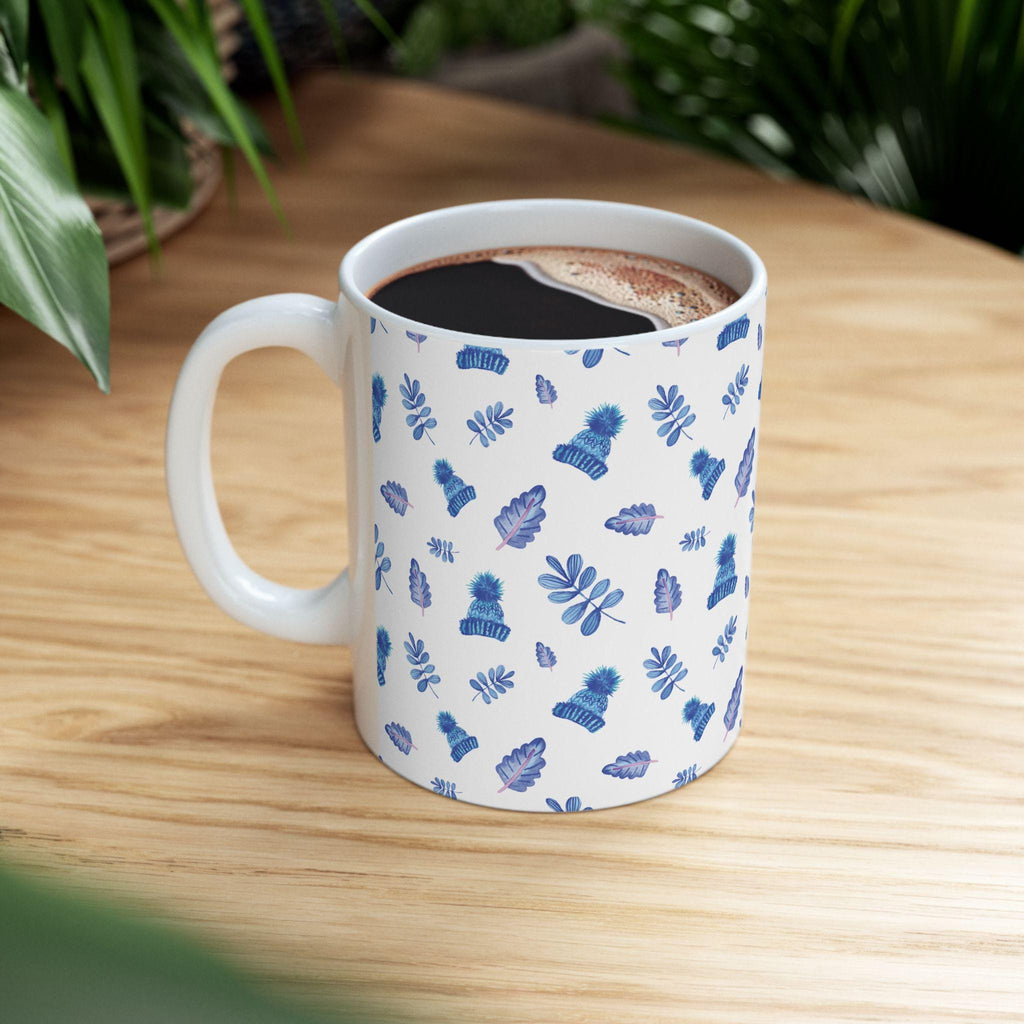 Blue Watercolor Leaves Pattern Mug | Ceramic Coffee Cup