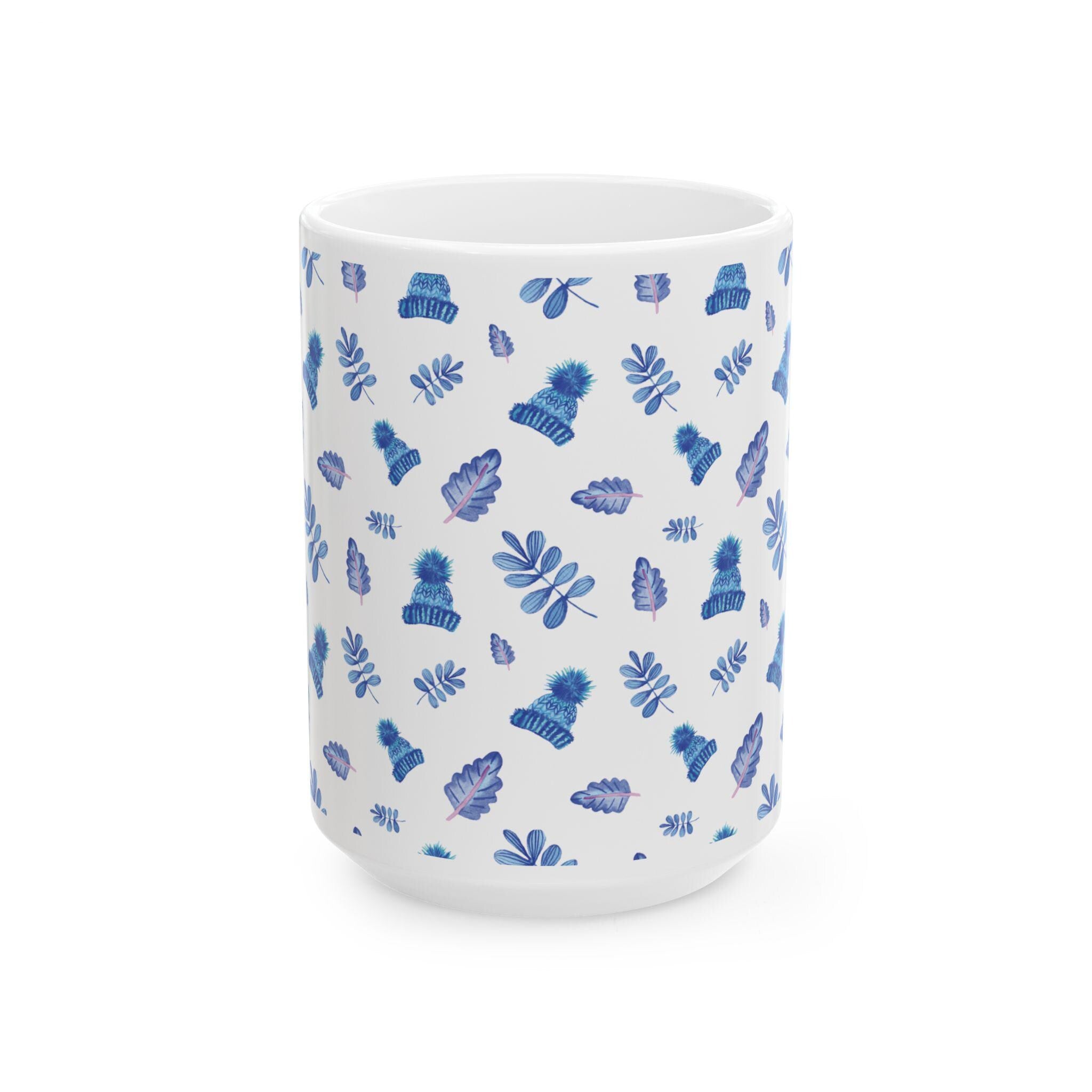Blue Watercolor Leaves Pattern Mug | Ceramic Coffee Cup