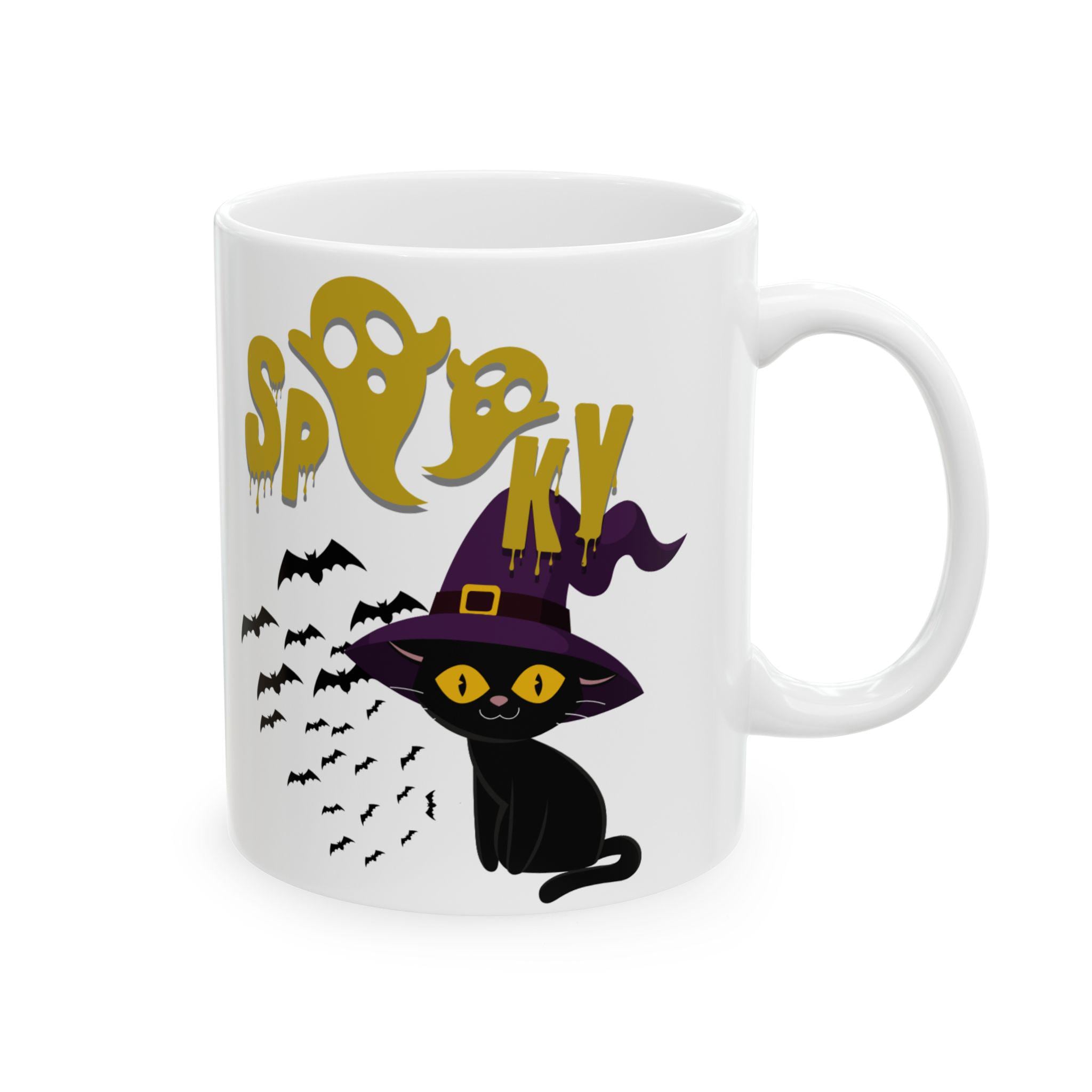 Spooky Cat Ceramic Mug: Halloween Coffee Cup, Gift for Cat Lovers
