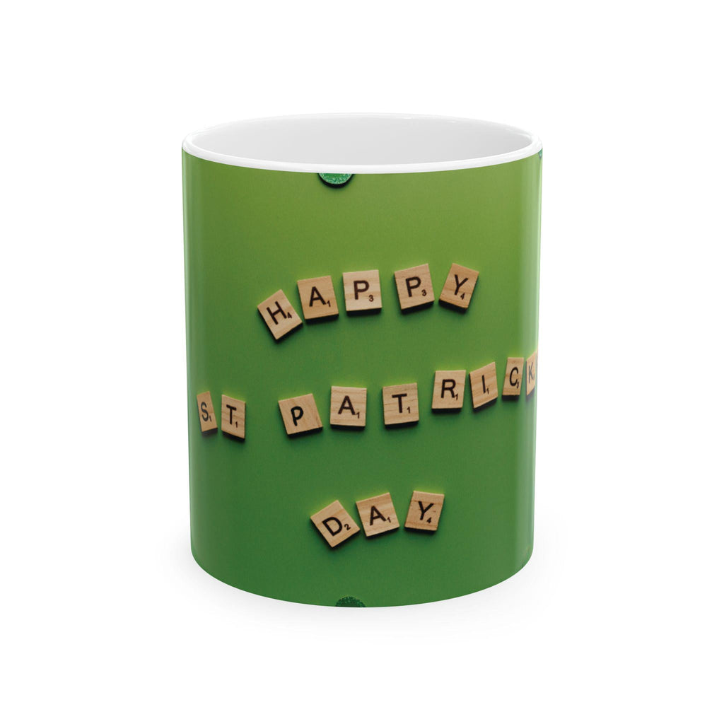 Happy St Patrick Day Mug | Scrabble Tiles, Green Shamrock Background