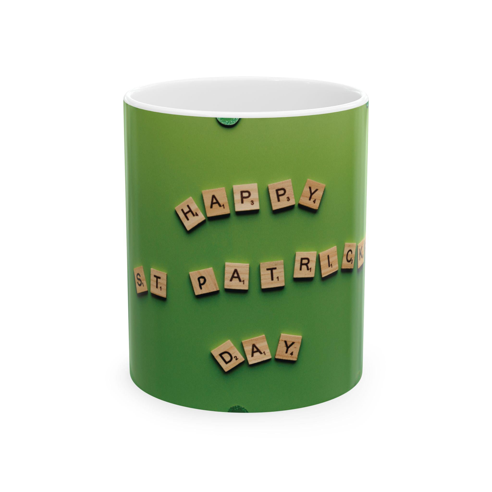Happy St Patrick Day Mug | Scrabble Tiles, Green Shamrock Background