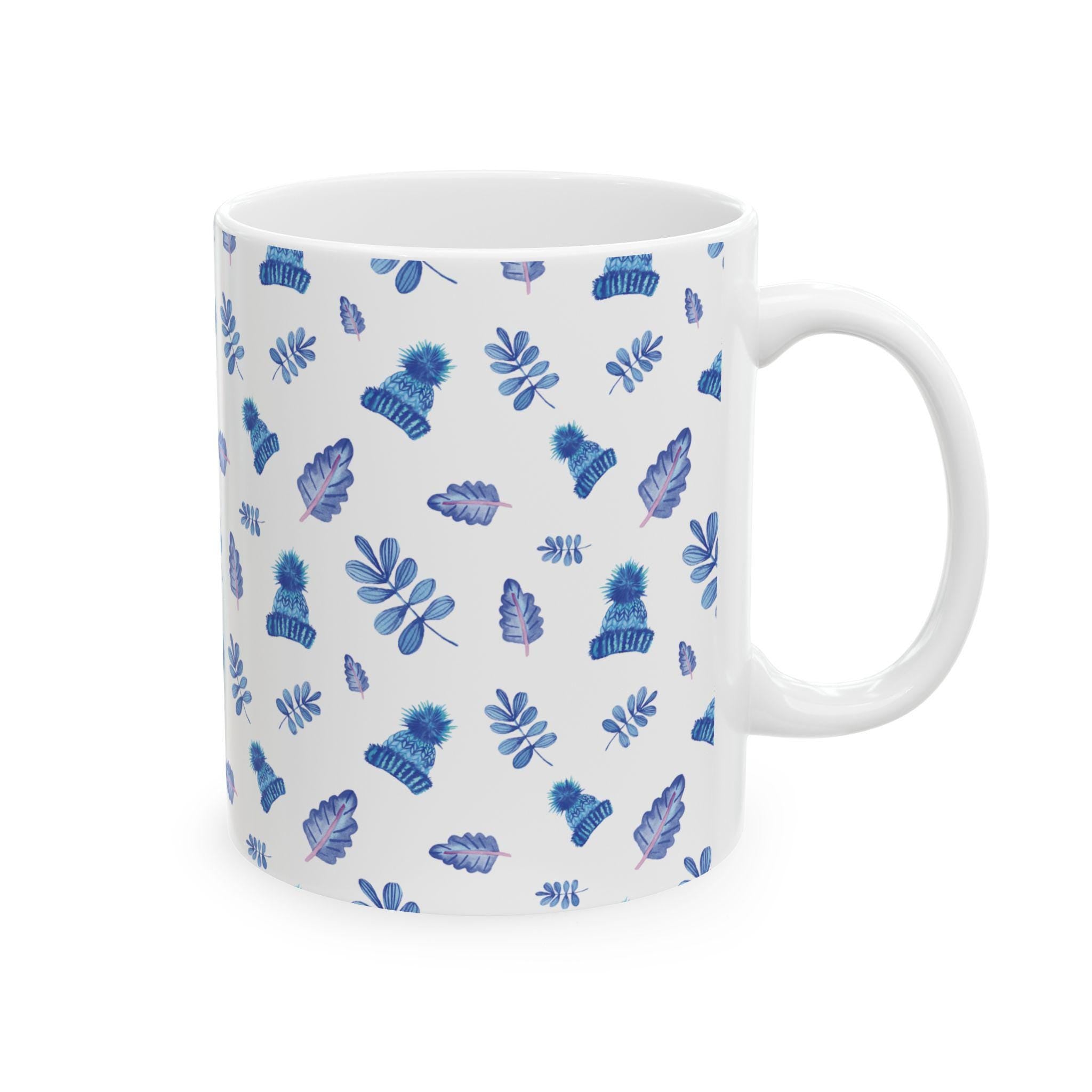 Blue Watercolor Leaves Pattern Mug | Ceramic Coffee Cup