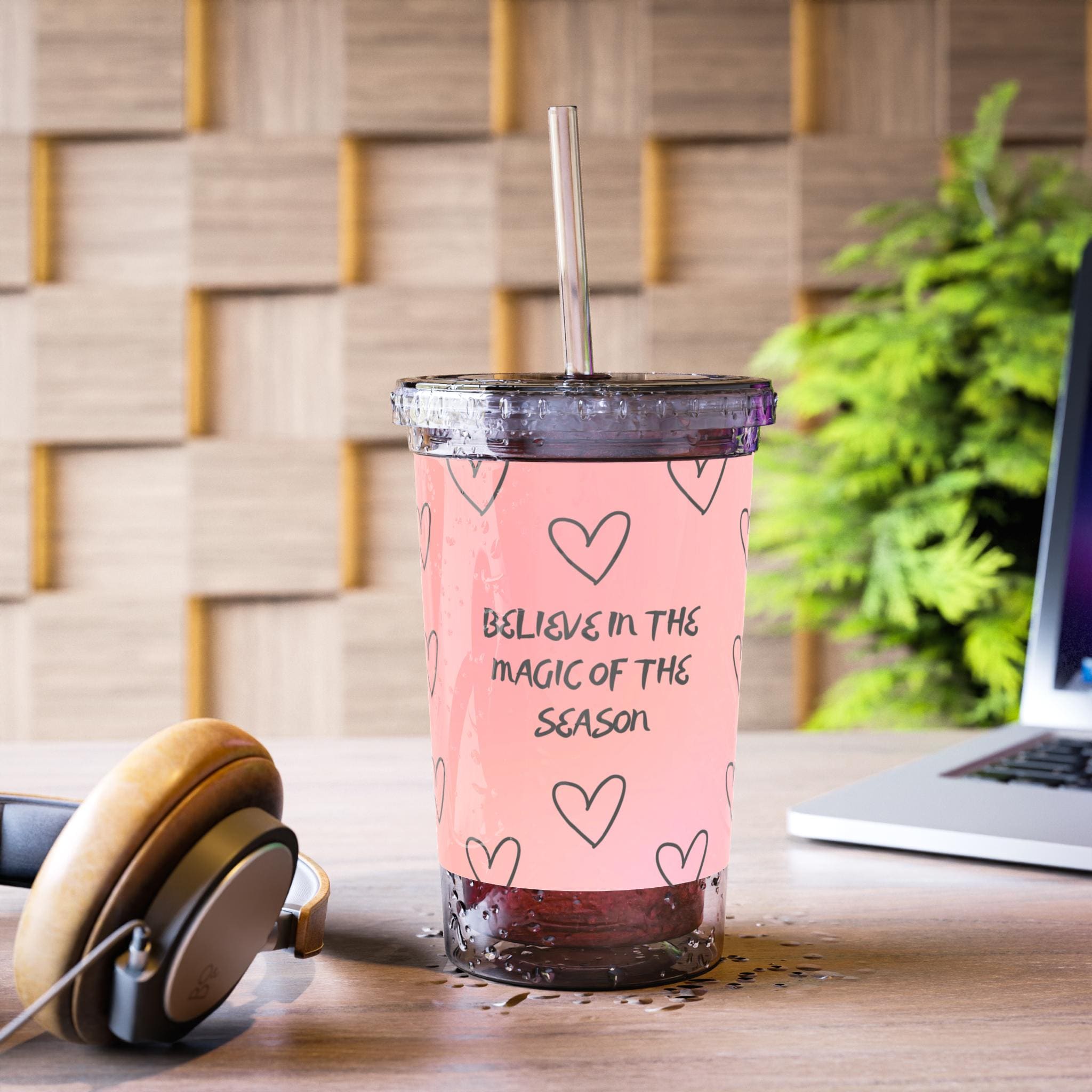 Believe in the Magic of the Season acrylic cup | heart pattern, pink tumbler