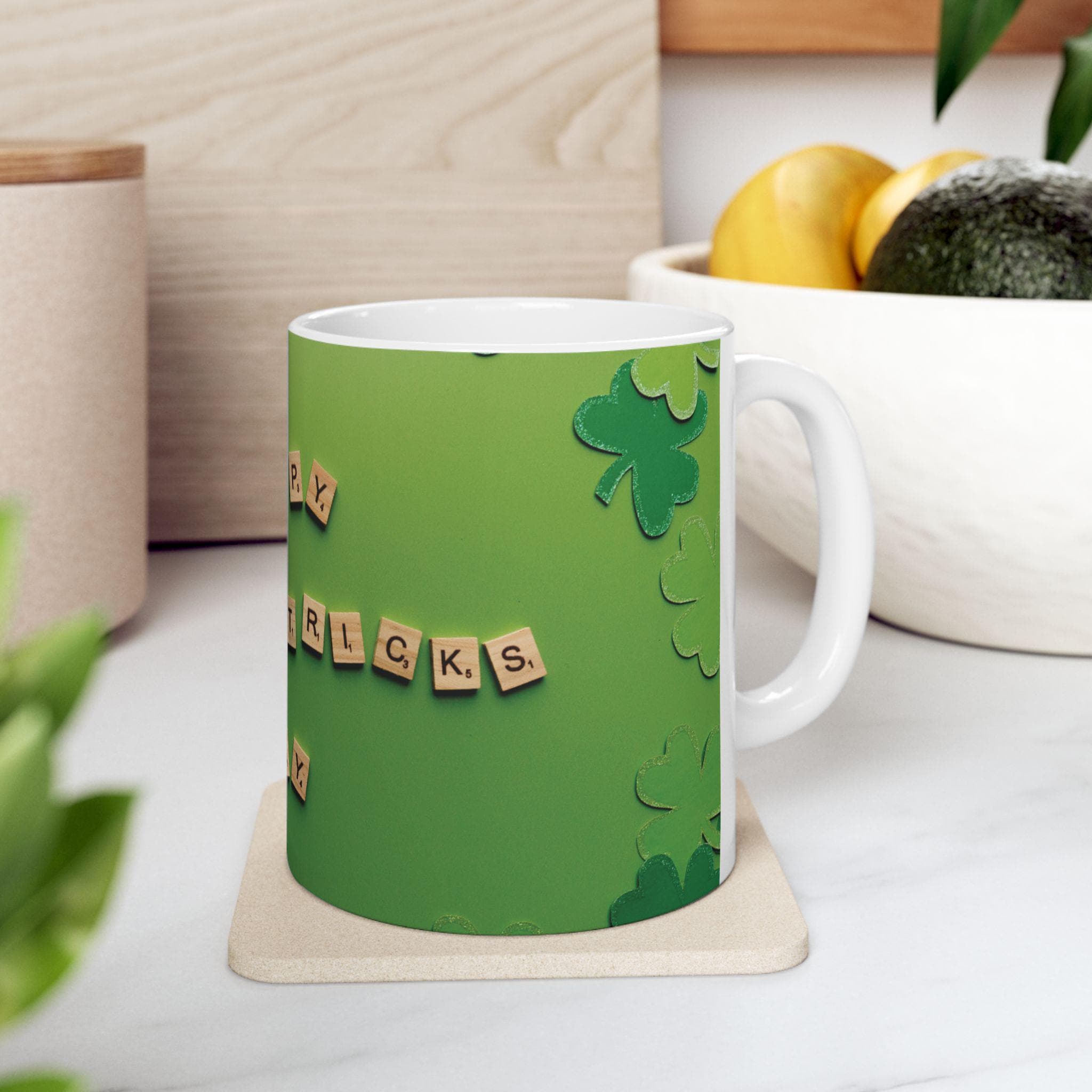 Happy St Patrick Day Mug | Scrabble Tiles, Green Shamrock Background
