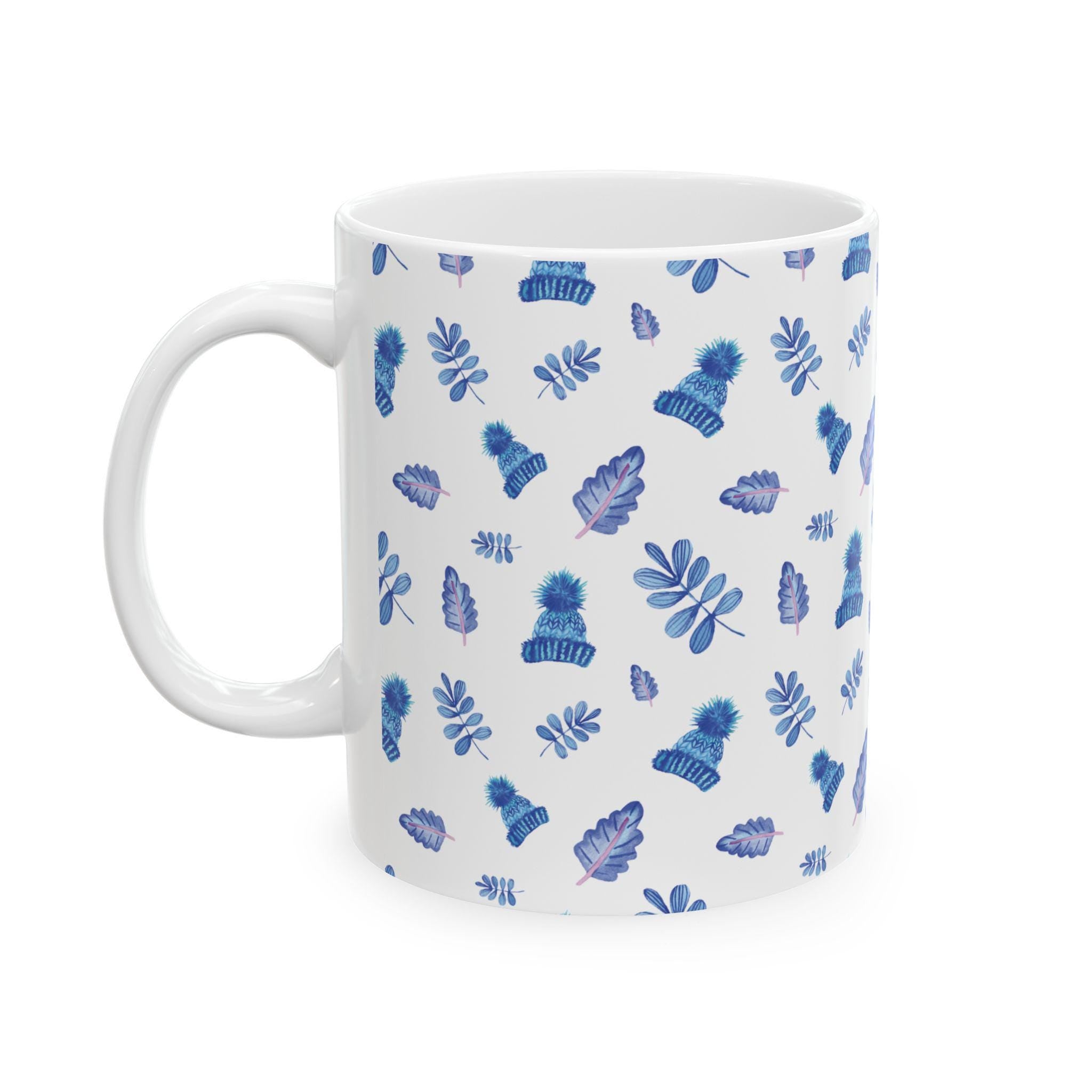 Blue Watercolor Leaves Pattern Mug | Ceramic Coffee Cup